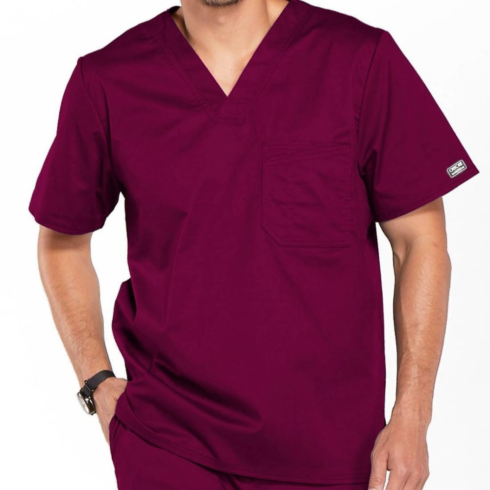 Core Stretch by Cherokee Workwear Men’s V-Neck Solid Scrub Top Sz XS Wine 4743 - Picture 2 of 11